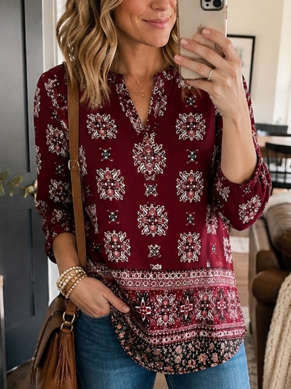 🌾 Pink Rose Vintage Boho Blouse | Burgundy Medallion Print | Size Medium 🍂